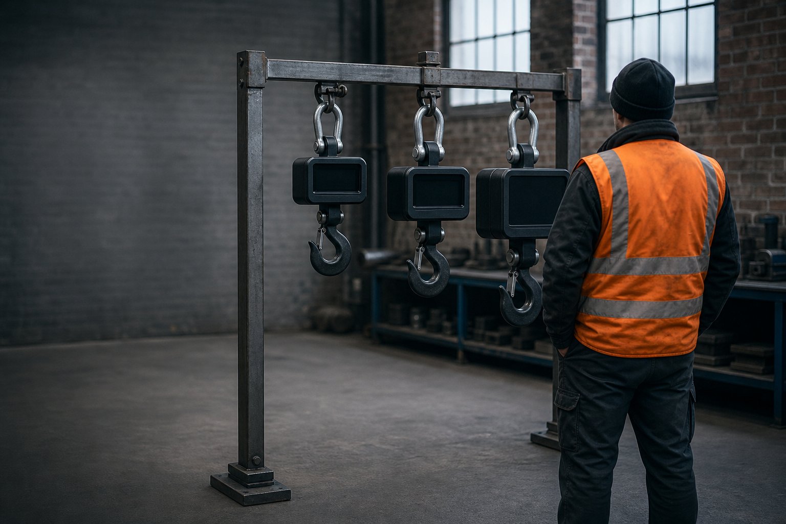 Buyer comparing three sizes of 3 tonne crane scale UK style, hung side by side in a British workshop