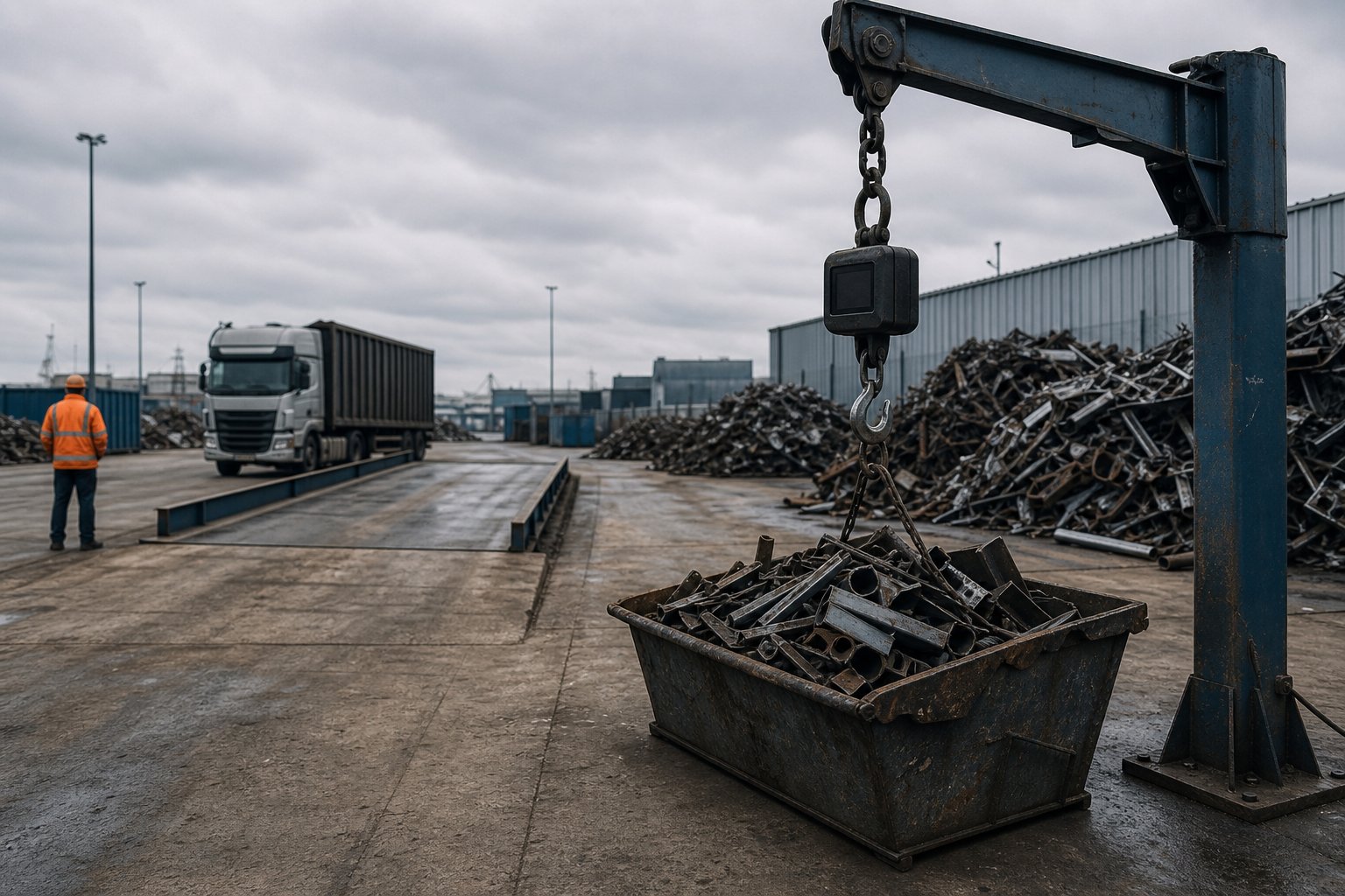 Scrap yard with distant weighbridge and jib-mounted crane scale over a grounded skip — weighbridge cost UK compared