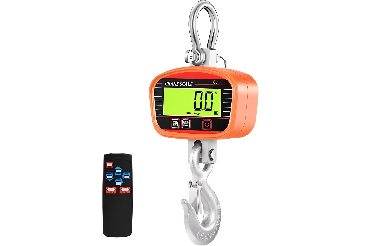 Industrial crane scale and handheld remote control on a white background