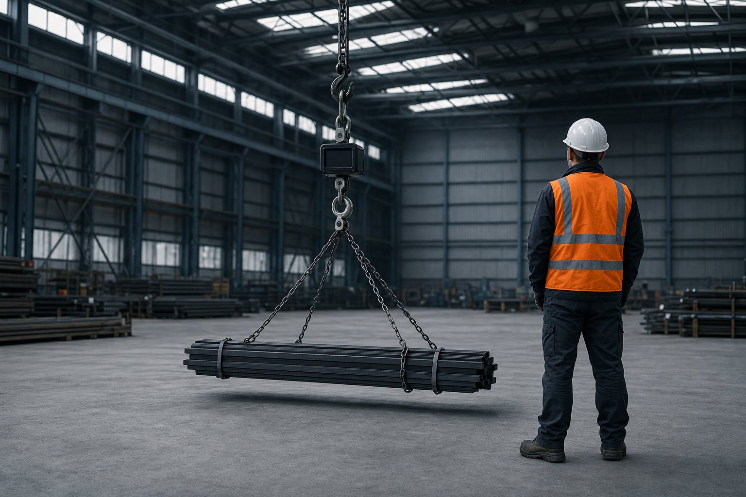Warehouse operator standing clear of a suspended steel bundle