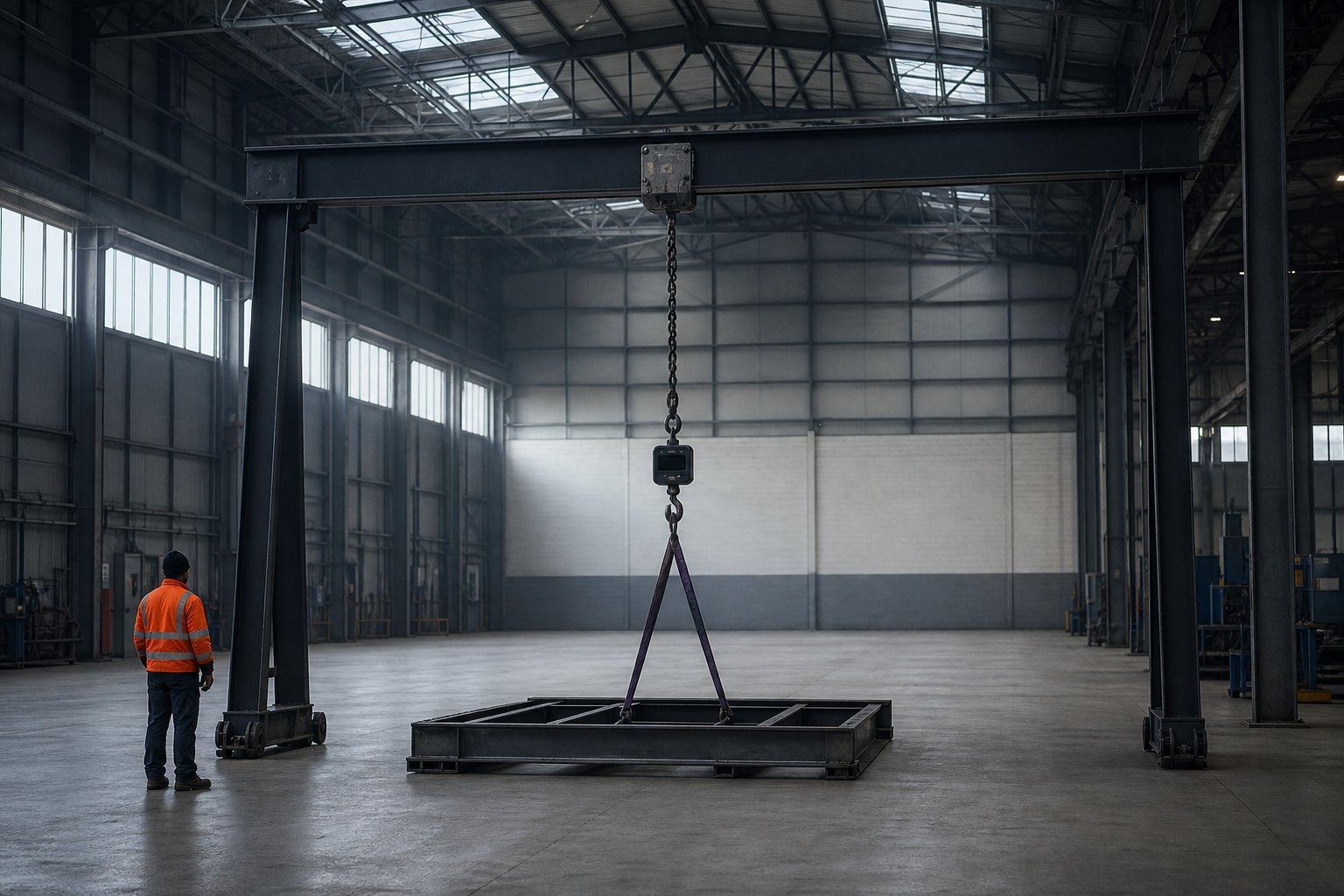Operator beside a warehouse gantry with a digital crane scale and sling attached to a steel frame